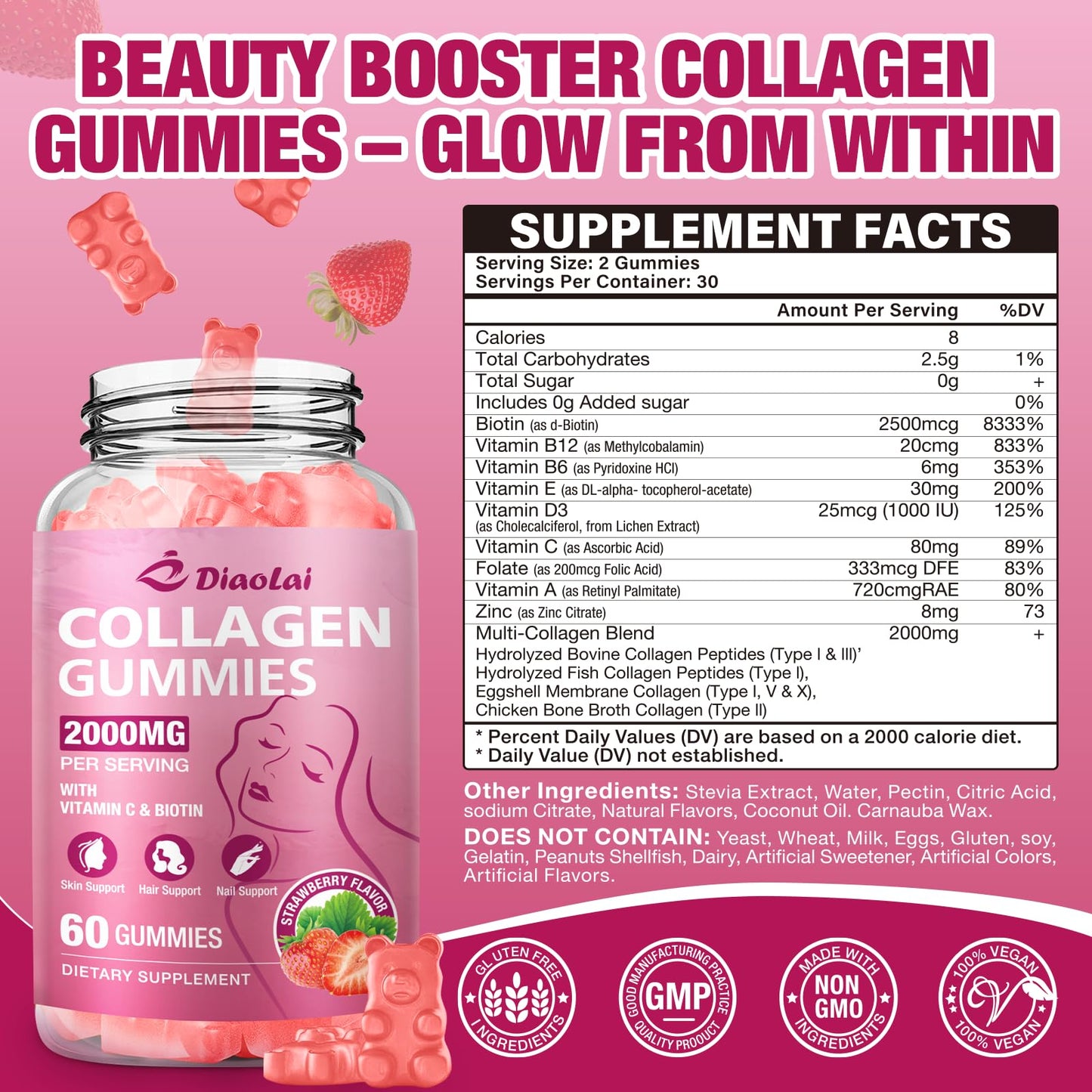 DIAOLAI Sugar-Free Multi Collagen Gummies – 5 Types I-V-X, Biotin & Vitamin C | Strawberry, 120 Gummies