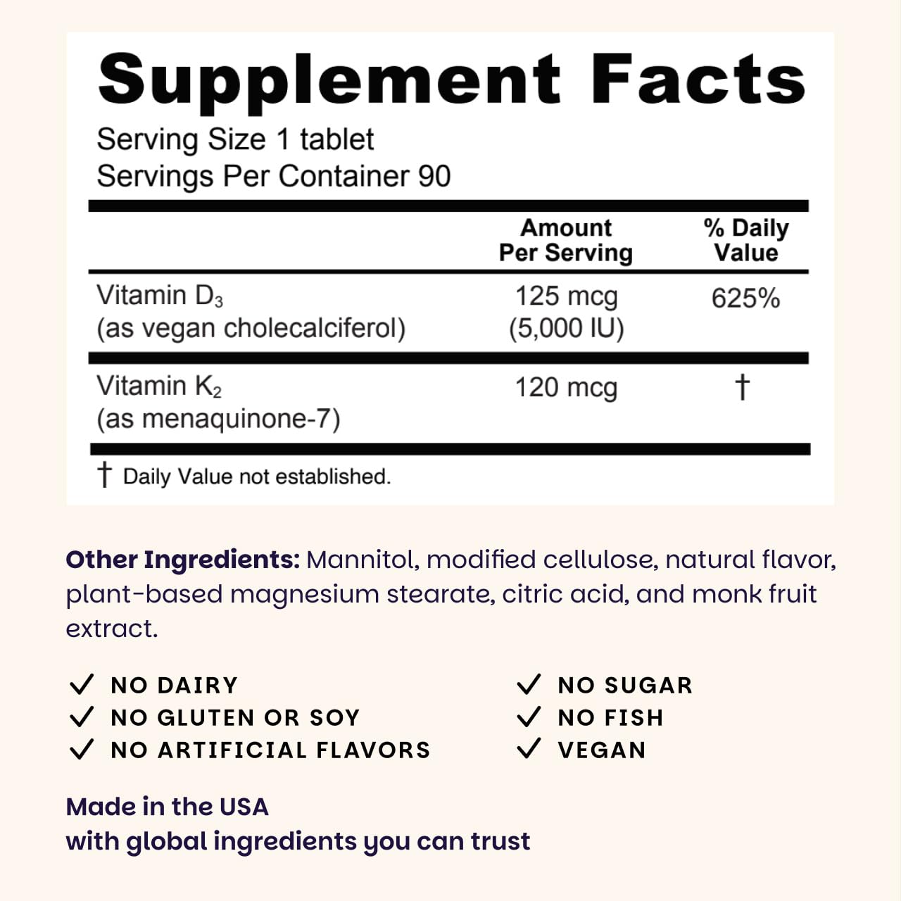 EZ Melts D3 + K2 5000 IU – Vegan, Non-GMO, Green Apple, 90 Tablets