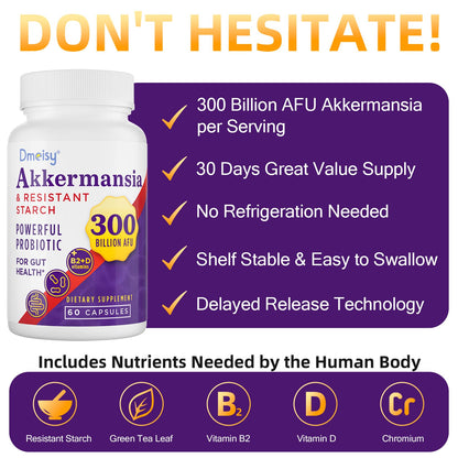 Dmeisy Akkermansia Muciniphila Supplement – 300B AFU Probiotic for Gut Health | 120 Count