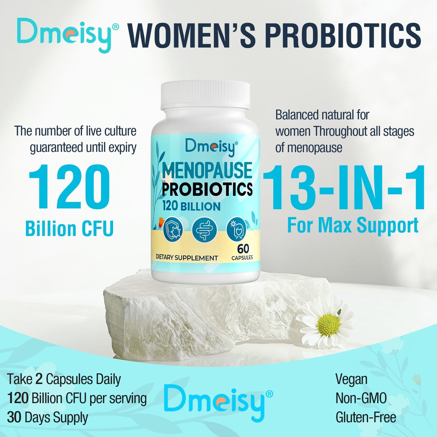 Dmeisy Menopause Probiotic 120B CFU - 13-in-1 Herbal Complex, 60 Capsules