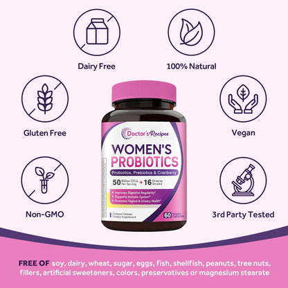 Doctor's Recipes Women's Probiotics | 50 Billion CFU, 16 Strains, Prebiotics & Cranberry | Shelf-Stable, Delayed Release | 120 Capsules (Pack of 2) | 60-Day Supply