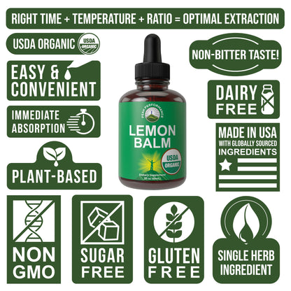 USDA Organic Lemon Balm Tincture | Relaxation & Digestion | Vegan Drops