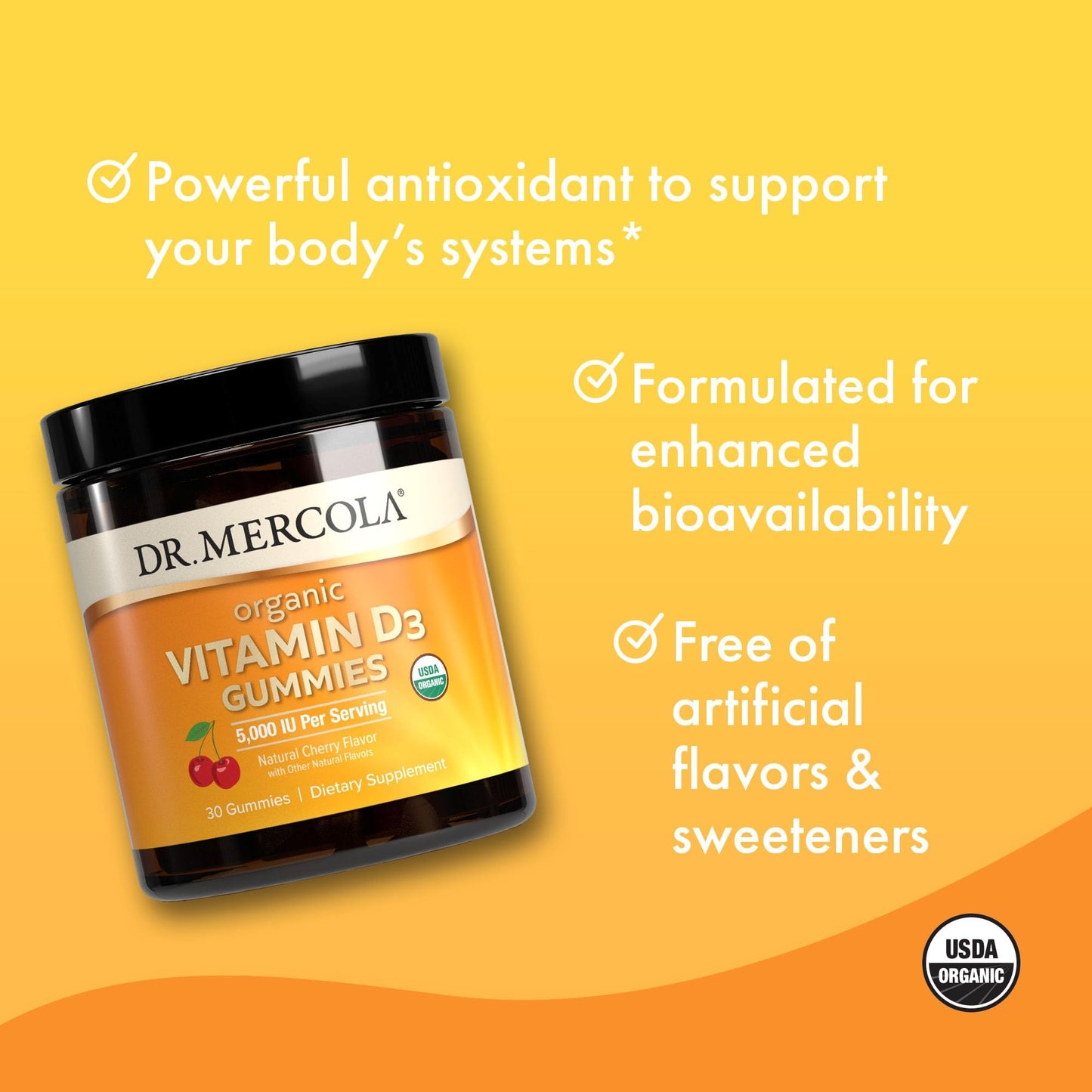 Dr. Mercola Organic Vitamin D3 Gummies – 5,000 IU, 30 Servings, Natural Cherry, Non-GMO