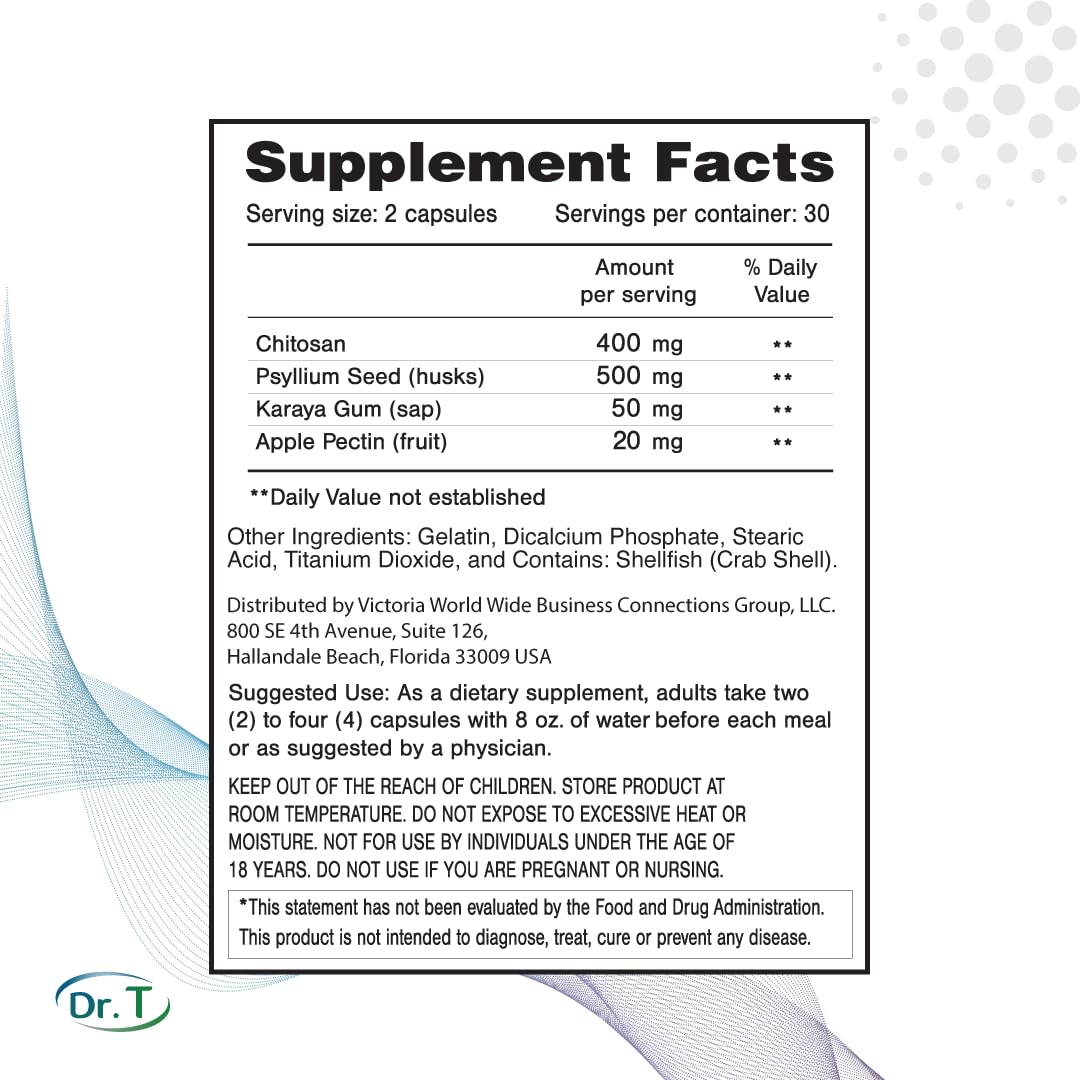 Dr. T Natural Cholesterol Lowering Supplement - Psyllium Seed Husks, Chitosan, Karaya Gum, Apple Pectin | 60 Capsules