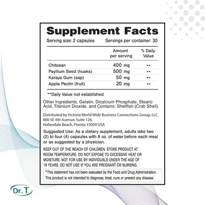 Dr. T Natural Cholesterol Lowering Supplement - Psyllium Seed Husks, Chitosan, Karaya Gum, Apple Pectin | 60 Capsules
