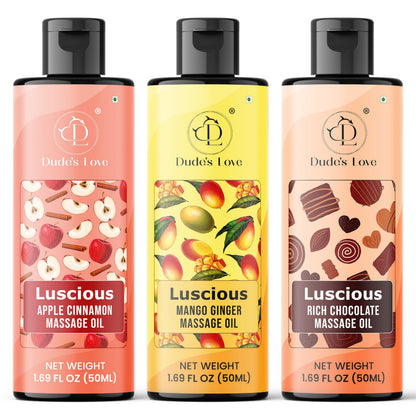 Dude's Love Luscious Flavored Massage Oil Set – Organic Vegan, Pack of 3 (Apple Cinnamon, Mango Ginger, Rich Chocolate) 1.69 fl oz
