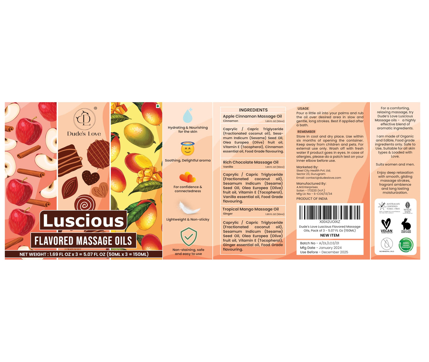 Dude's Love Luscious Flavored Massage Oil Set – Organic Vegan, Pack of 3 (Apple Cinnamon, Mango Ginger, Rich Chocolate) 1.69 fl oz