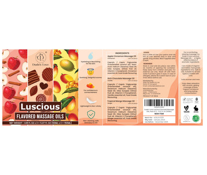 Dude's Love Luscious Flavored Massage Oil Set – Organic Vegan, Pack of 3 (Apple Cinnamon, Mango Ginger, Rich Chocolate) 1.69 fl oz