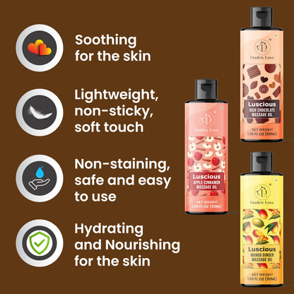 Dude's Love Luscious Flavored Massage Oil Set – Organic Vegan, Pack of 3 (Apple Cinnamon, Mango Ginger, Rich Chocolate) 1.69 fl oz