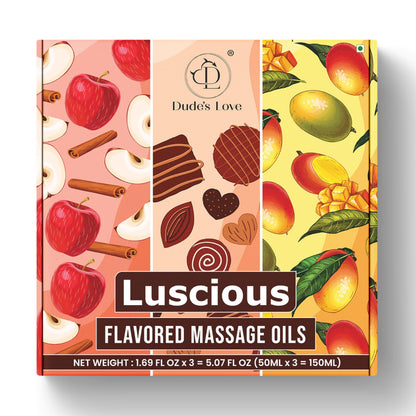 Dude's Love Luscious Flavored Massage Oil Set – Organic Vegan, Pack of 3 (Apple Cinnamon, Mango Ginger, Rich Chocolate) 1.69 fl oz