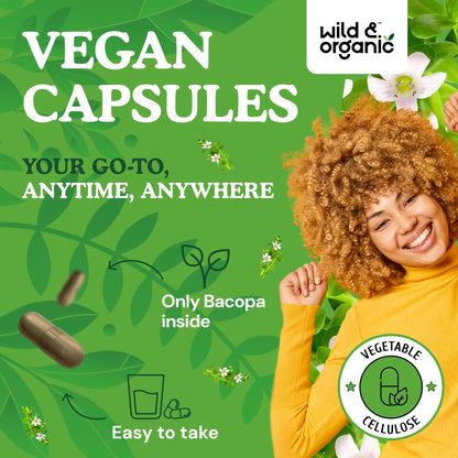 Wild & Organic Bacopa Capsules 600 mg – Brain Support, Vegan, Non-GMO