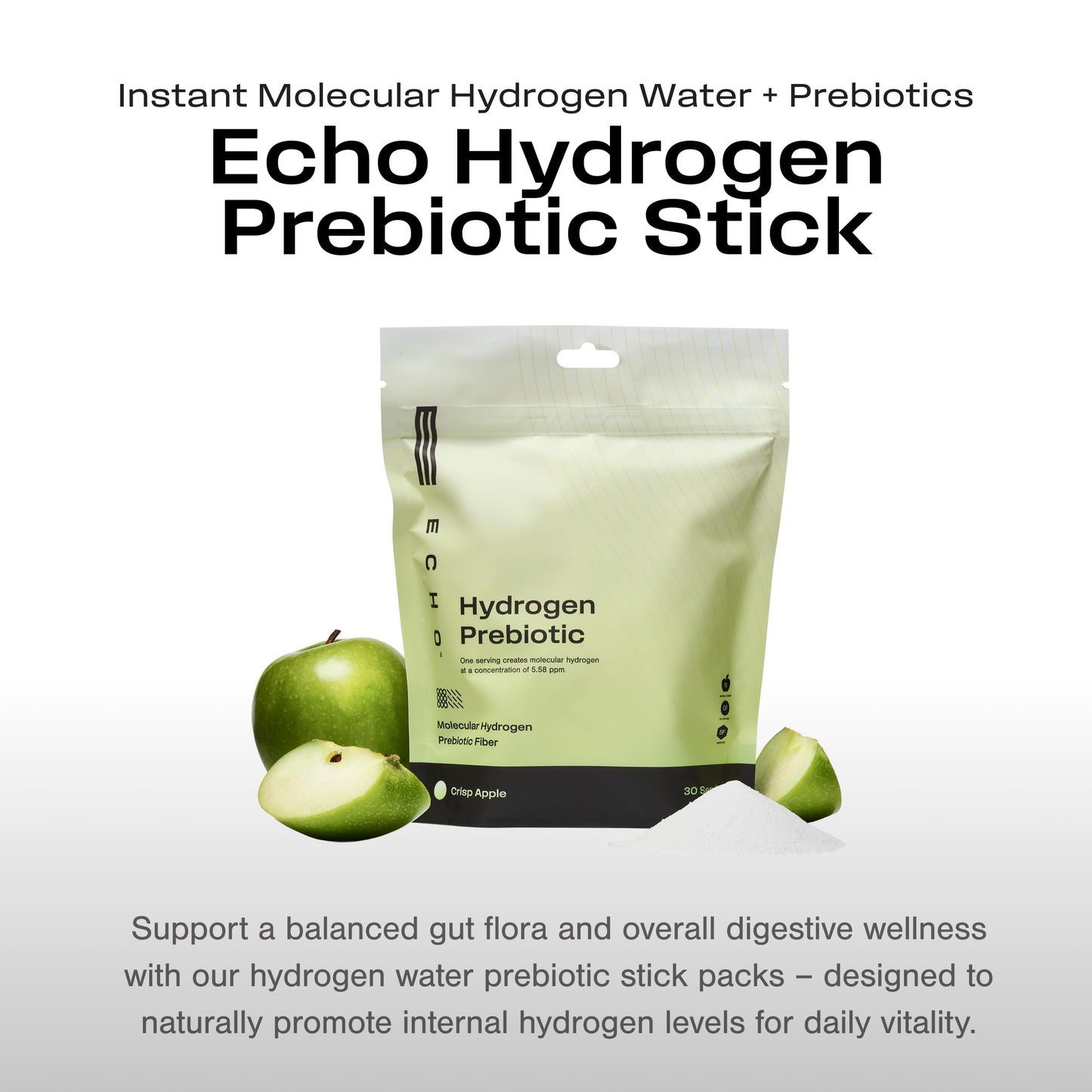 Echo Hydrogen Prebiotic Drink Mix – Digestive Health & On-The-Go Hydration – Crisp Apple (30 Count)