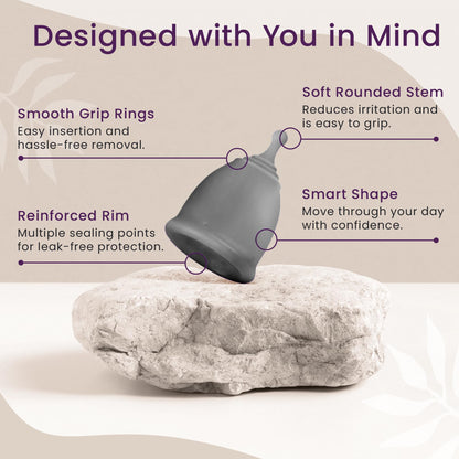 EcoBlossom Reusable Menstrual Cup & Case – Medical-Grade Silicone, 12-Hour Leak-Proof (Small Pack of 2, Gray)