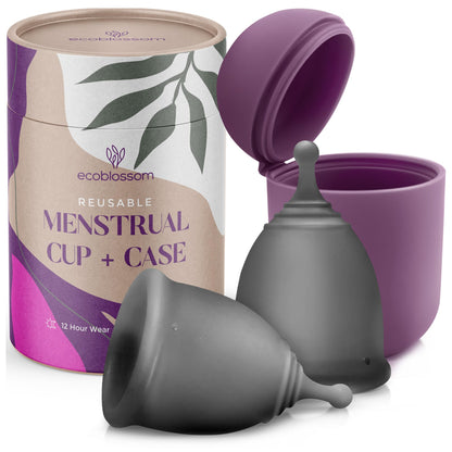 EcoBlossom Reusable Menstrual Cup & Case – Medical-Grade Silicone, 12-Hour Leak-Proof (Large Pack of 2, Gray)