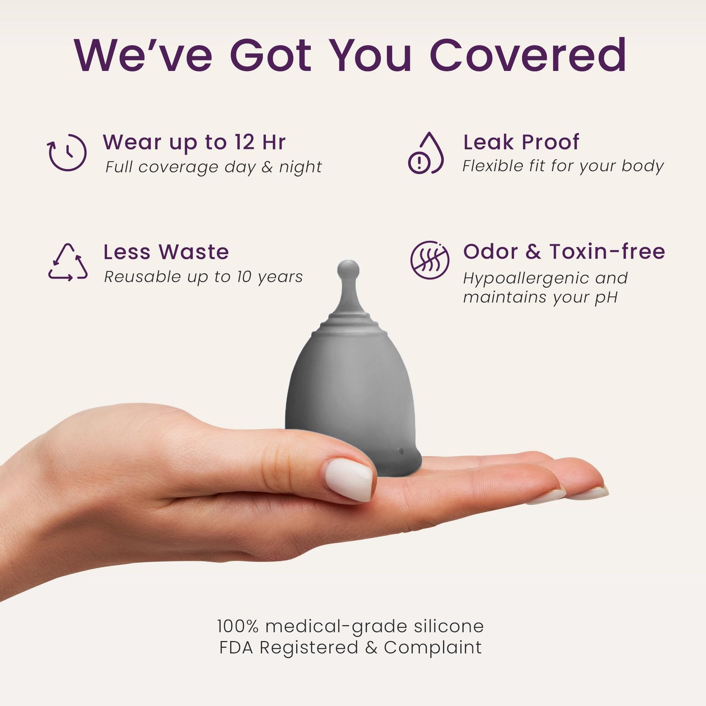 EcoBlossom Reusable Menstrual Cup & Case – Medical-Grade Silicone, 12-Hour Leak-Proof (Large Pack of 2, Gray)
