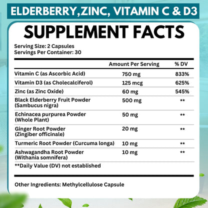 Elderberry Immune Support 8-in-1 Formula – 60 Capsules with Vitamin C, D, Zinc & Echinacea
