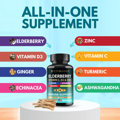 Elderberry Immune Support 8-in-1 Formula – 60 Capsules with Vitamin C, D, Zinc & Echinacea