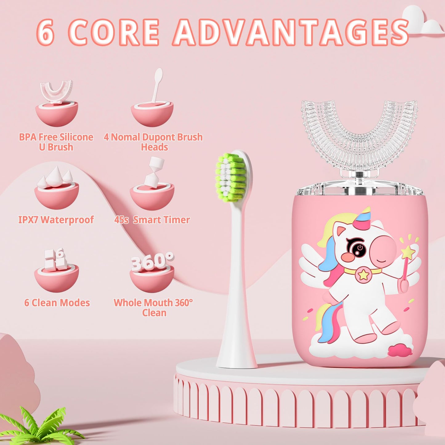ELOTAME Kids Electric U-Shaped Toothbrush – Unicorn Pink, Rechargeable Sonic, IPX7, 4 Soft Heads (Ages 2-7)