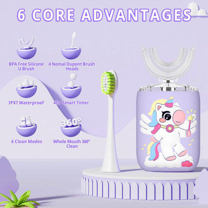 ELOTAME Kids Electric U-Shaped Toothbrush Unicorn Purple for Ages 2-7