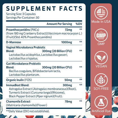 Elystrixionis 72mg PAC Cranberry Pills for Women - 180 Capsules | Urinary Tract Health with D-Mannose