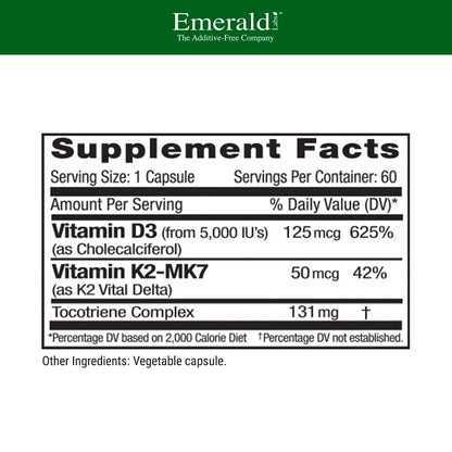 EMERALD LABS Vitamin D3+K2 - 5000 IU D3 + MK-7 for Bone & Heart Health | Vegetarian, Gluten-Free