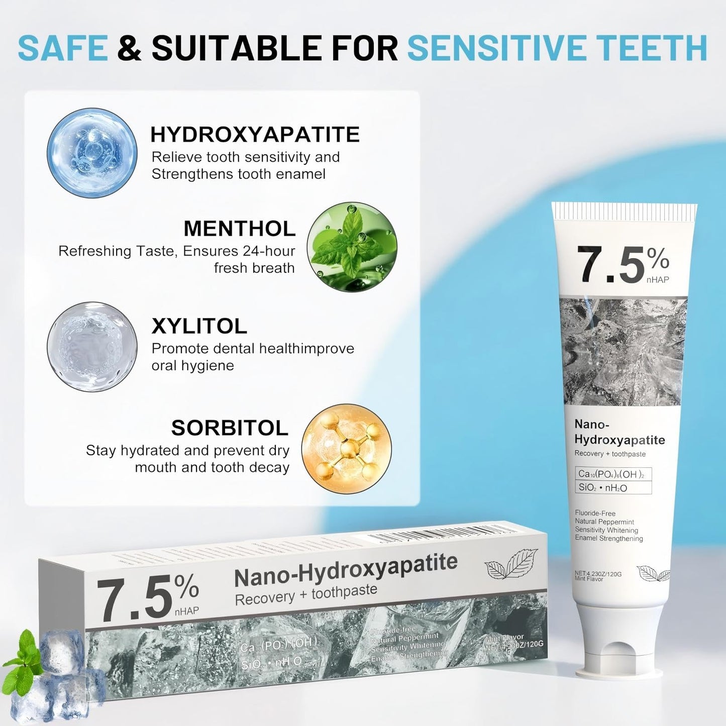 7.5% Hydroxyapatite Toothpaste – Enamel Protection, Sensitive Teeth | Fluoride-Free, Fresh Mint