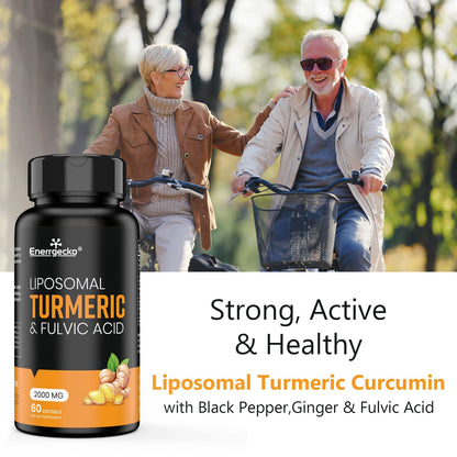 Enerrgecko 2000 mg Liposomal Turmeric Curcumin Softgels - Black Pepper & Ginger, Fulvic & Humic Acids, 3-Month Supply