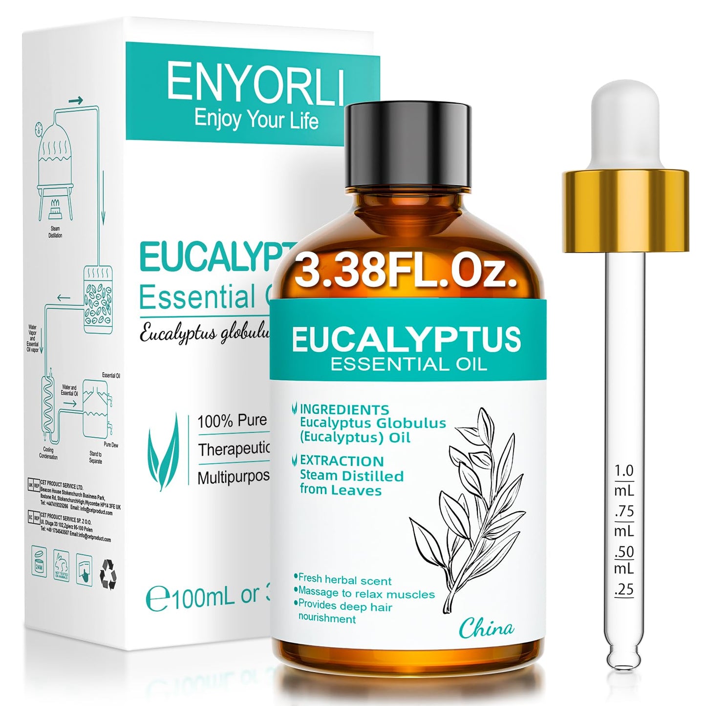 ENYORLI Eucalyptus Essential Oil 3.38 fl oz – 100% Natural, Undiluted, Therapeutic Grade for Skin, Aromatherapy, Diffuser & Humidifier