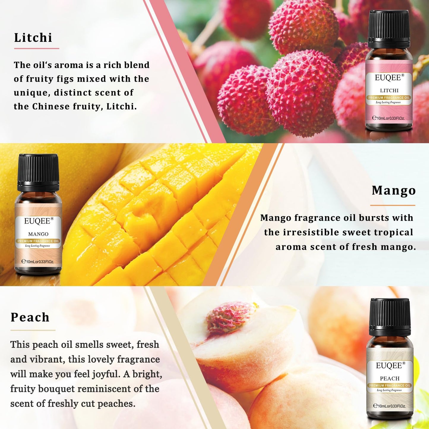 EUQEE Premium Fruit Fragrance Oils Gift Set – 6x10ml (Strawberry, Cherry, Litchi, Apple, Mango, Peach)