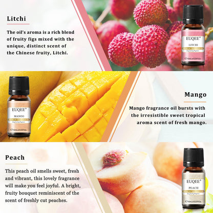 EUQEE Premium Fruit Fragrance Oils Gift Set – 6x10ml (Strawberry, Cherry, Litchi, Apple, Mango, Peach)