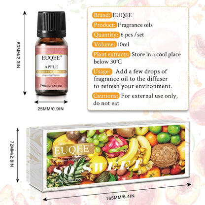 EUQEE Premium Fruit Fragrance Oils Gift Set – 6x10ml (Strawberry, Cherry, Litchi, Apple, Mango, Peach)