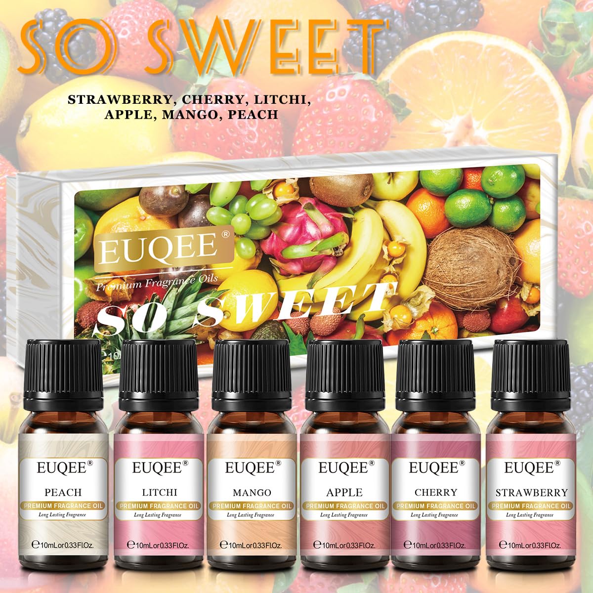 EUQEE Premium Fruit Fragrance Oils Gift Set – 6x10ml (Strawberry, Cherry, Litchi, Apple, Mango, Peach)