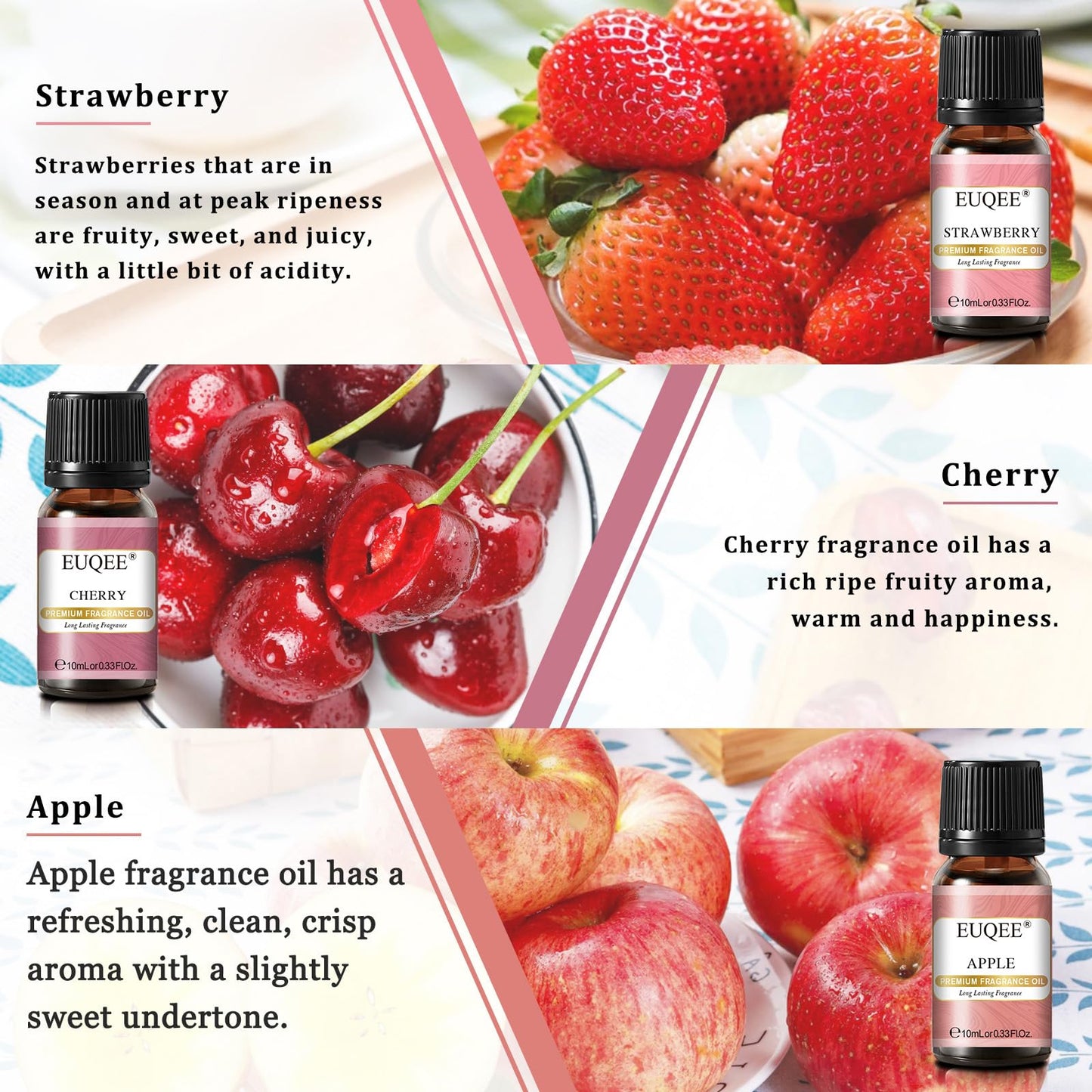 EUQEE Premium Fruit Fragrance Oils Gift Set – 6x10ml (Strawberry, Cherry, Litchi, Apple, Mango, Peach)
