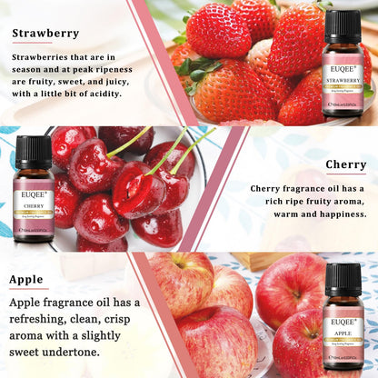 EUQEE Premium Fruit Fragrance Oils Gift Set – 6x10ml (Strawberry, Cherry, Litchi, Apple, Mango, Peach)