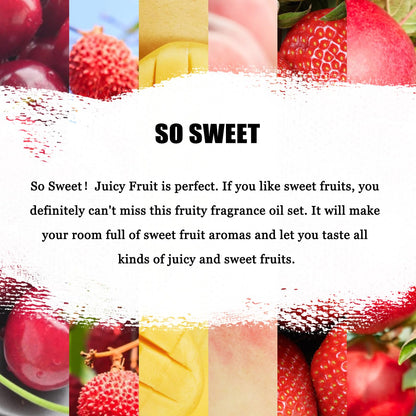 EUQEE Premium Fruit Fragrance Oils Gift Set – 6x10ml (Strawberry, Cherry, Litchi, Apple, Mango, Peach)
