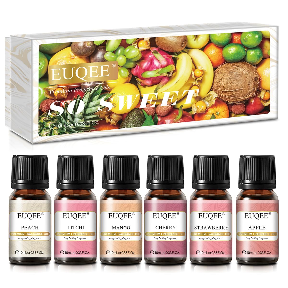 EUQEE Premium Fruit Fragrance Oils Gift Set – 6x10ml (Strawberry, Cherry, Litchi, Apple, Mango, Peach)