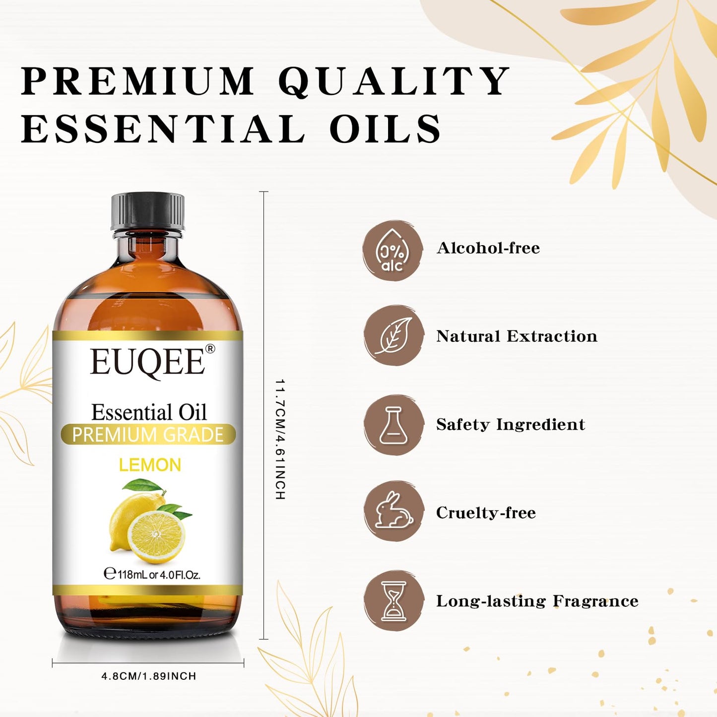 EUQEE Lemon Essential Oil with Glass Dropper – Aromatherapy & DIY (4 oz / 118 mL)