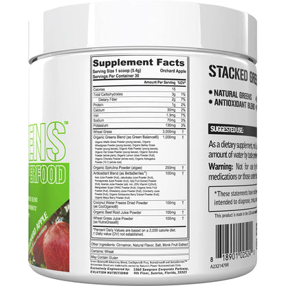 EVL Stacked Greens - Raw Superfood, Immunity & Hydration - Orchard Apple, 30 Servings