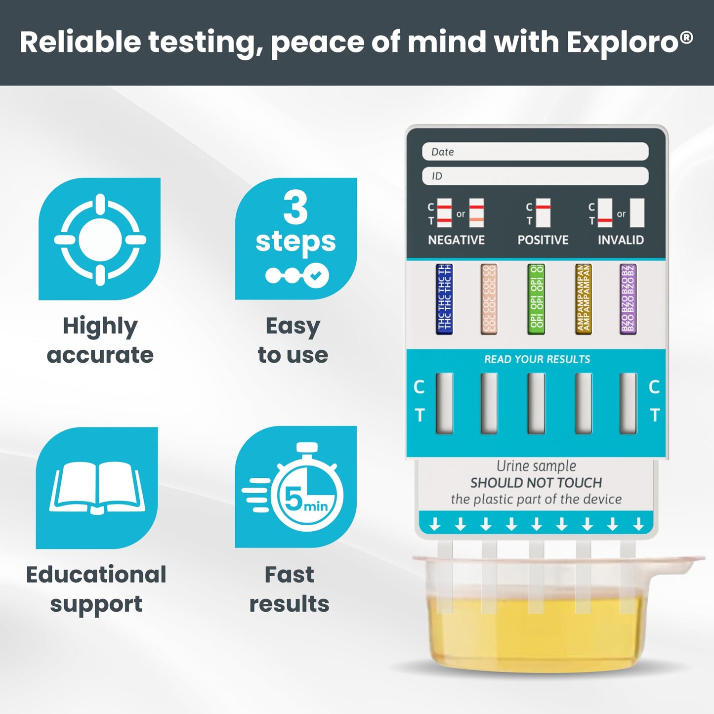 Exploro 5 Panel Drug Test Kit – At-Home Urine Test for THC, Cocaine, Opiates, Amphetamines & Benzodiazepines (7 Pack)