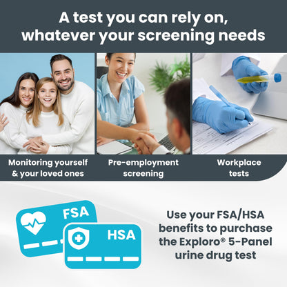 Exploro 5 Panel Drug Test Kit – At-Home Urine Test for THC, Cocaine, Opiates, Amphetamines & Benzodiazepines (7 Pack)