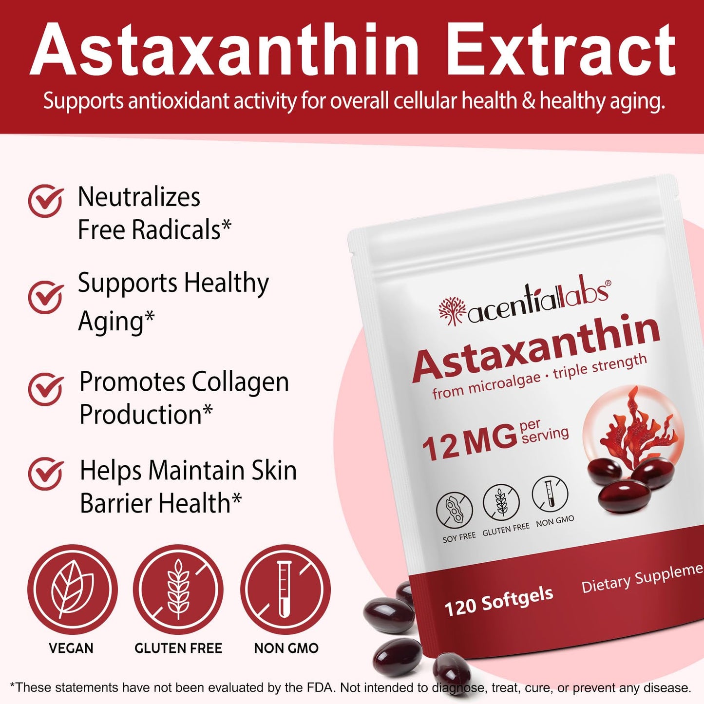 Astaxanthin 12mg Softgels 120 - Premium Antioxidant (Non-GMO & Gluten-Free) for Eye, Skin & Immune Support