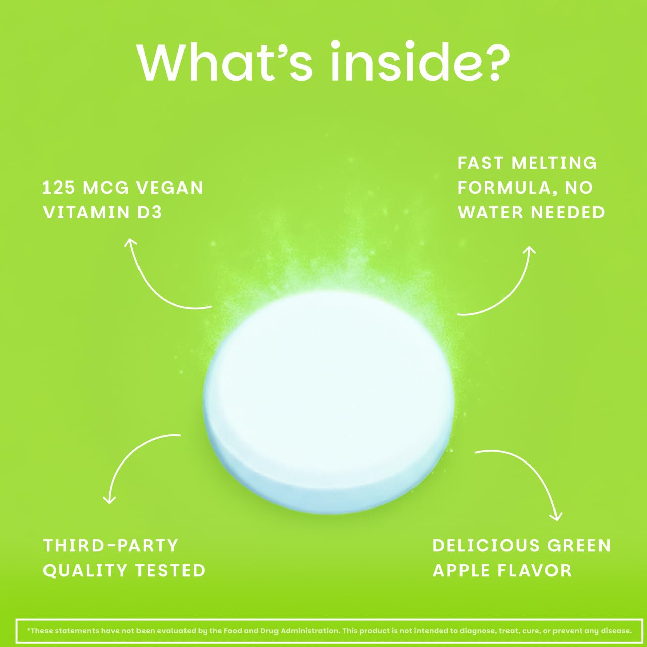 EZ Melts Dissolvable Vitamin D3 5,000 IU – Vegan, Plant-Based, Non-GMO | 90 Tablets, Green Apple