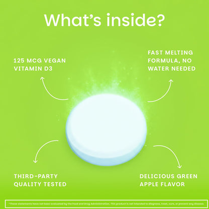 EZ Melts Dissolvable Vitamin D3 5,000 IU – Vegan, Plant-Based, Non-GMO | 90 Tablets, Green Apple