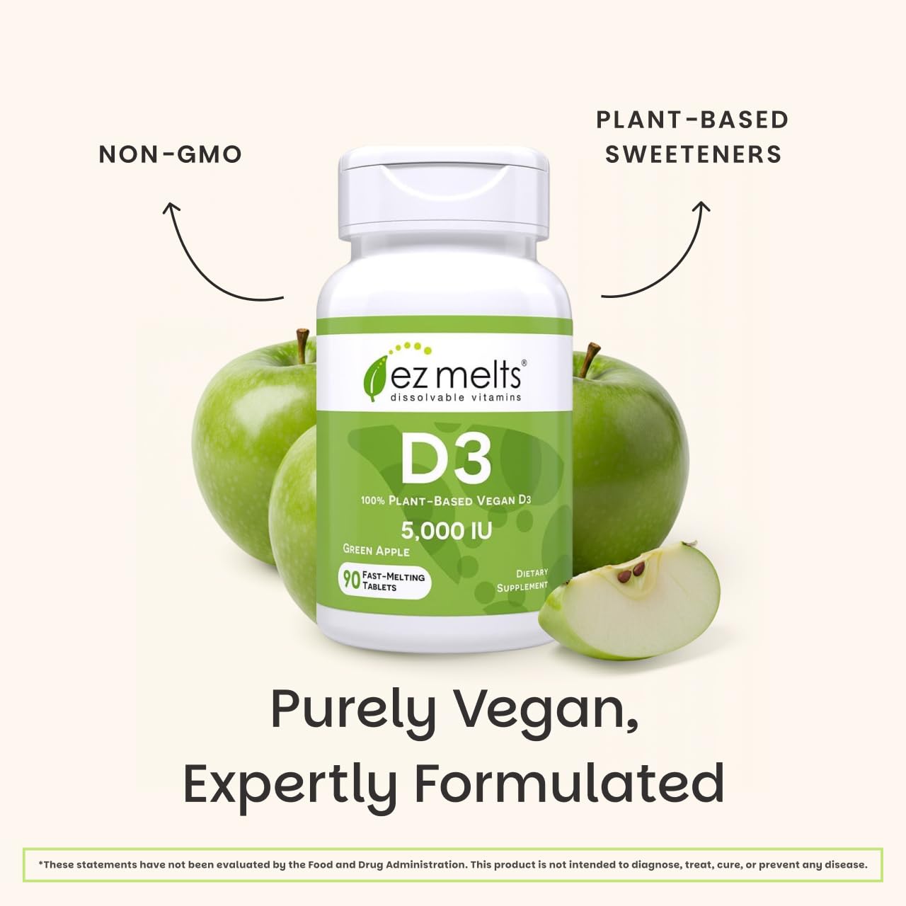EZ Melts Dissolvable Vitamin D3 5,000 IU – Vegan, Plant-Based, Non-GMO | 90 Tablets, Green Apple