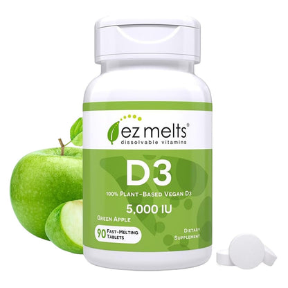EZ Melts Dissolvable Vitamin D3 5,000 IU – Vegan, Plant-Based, Non-GMO | 90 Tablets, Green Apple