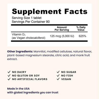 EZ Melts Dissolvable Vitamin D3 5,000 IU – Vegan, Plant-Based, Non-GMO | 90 Tablets, Green Apple