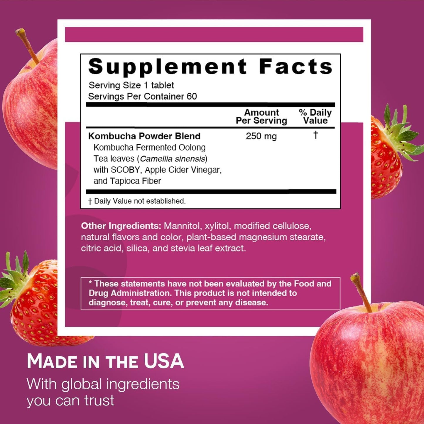 EZ Melts Sugar-Free Kombucha Tablets with SCOBY & Apple Cider Vinegar | Apple Berry Flavor, 2-Month Supply