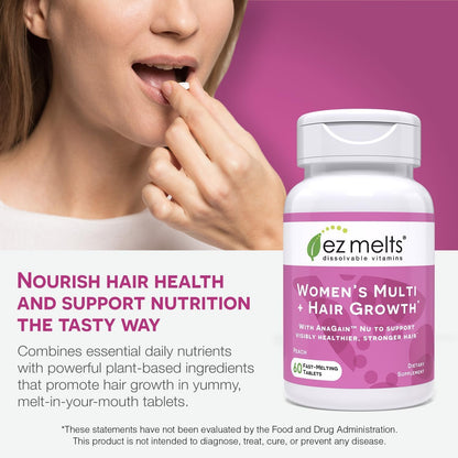 EZ Melts Women's Multi + Hair Growth – Peach Dissolvable Multivitamin for Women (60 Tablets) – Vegan & Non-GMO