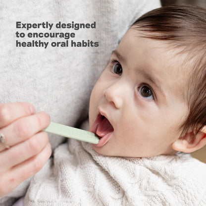 ezpz Baby-Led Toothbrush + Tongue Depressor Dual Pack (Sage) – 100% Silicone Toothbrush + Silicone/Stainless Steel Tongue Depressor