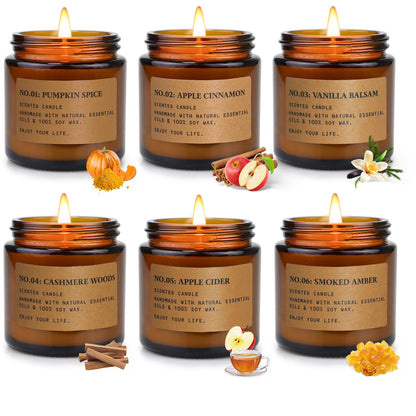 Fall Candles for Home: 6 x 3.5 oz Soy Wax, 150 Hours Long-Lasting – Pumpkin Spice & Apple Cinnamon